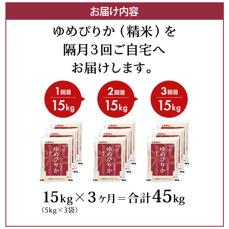 隔月3回 定期便 (精米15kg)ホクレンゆめぴりか(精米5kg×3袋) 米 お米 白米 ごはん ご飯 ライス 和食 炭水化物 主食 おにぎり お弁当  [JA新おたる] 