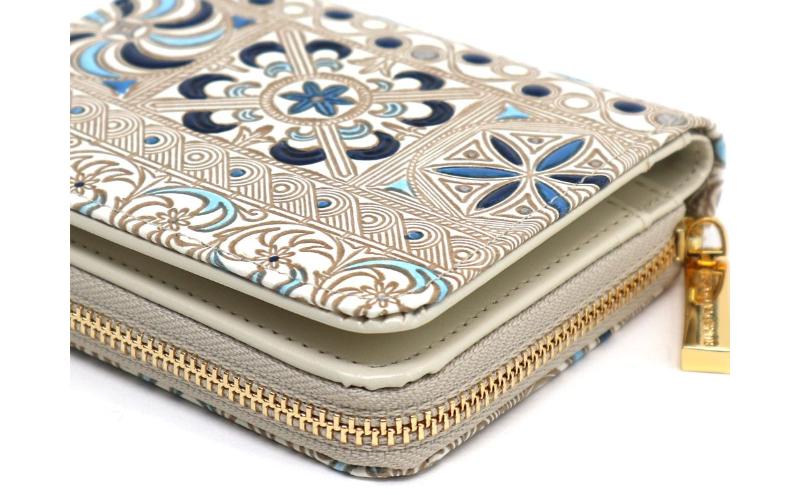 【文庫屋大関】二つ折りファスナーミニ財布 錦紗＜青＞【皮革工芸品】財布 二つ折り 小物 お札 カード 小銭 コンパクト 牛革 手作り 日本製 墨田区 東京都