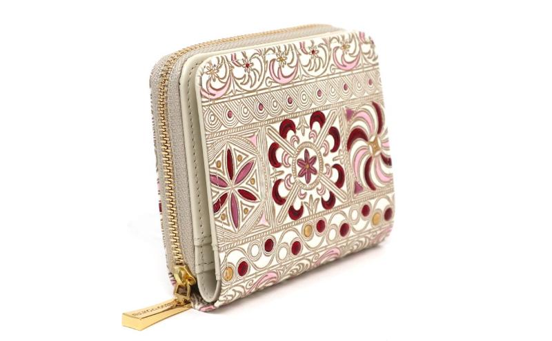 【文庫屋大関】二つ折りファスナーミニ財布 錦紗＜ピンク＞【皮革工芸品】財布 二つ折り 小物 お札 カード 小銭 コンパクト 牛革 手作り 日本製 墨田区 東京都