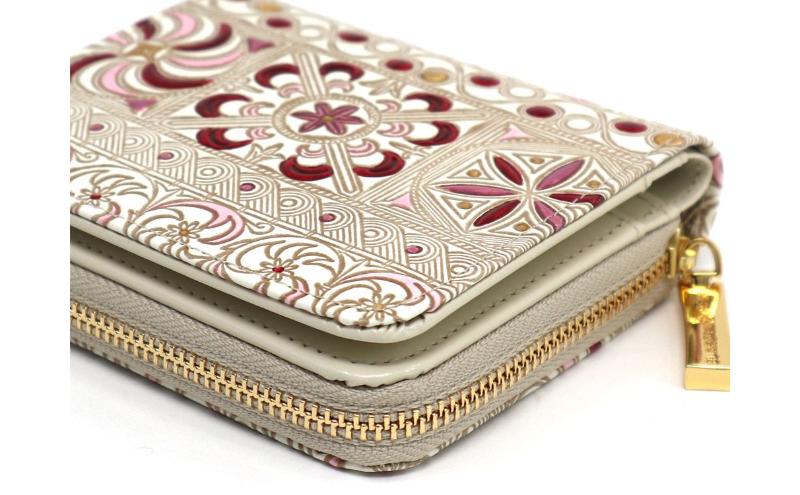 【文庫屋大関】二つ折りファスナーミニ財布 錦紗＜ピンク＞【皮革工芸品】財布 二つ折り 小物 お札 カード 小銭 コンパクト 牛革 手作り 日本製 墨田区 東京都