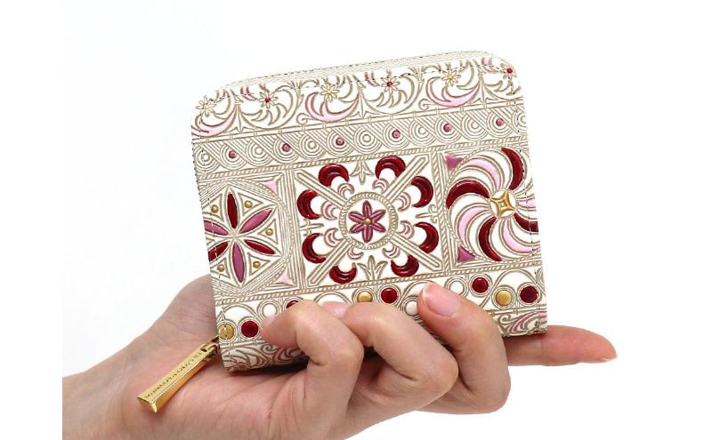 【文庫屋大関】二つ折りファスナーミニ財布 錦紗＜ピンク＞【皮革工芸品】財布 二つ折り 小物 お札 カード 小銭 コンパクト 牛革 手作り 日本製 墨田区 東京都