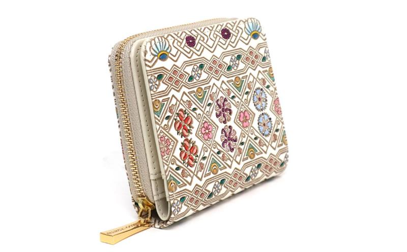 【文庫屋大関】二つ折りファスナーミニ財布 花菱【皮革工芸品】財布 二つ折り 小物 お札 カード 小銭 コンパクト 牛革 手作り 日本製 墨田区 東京都