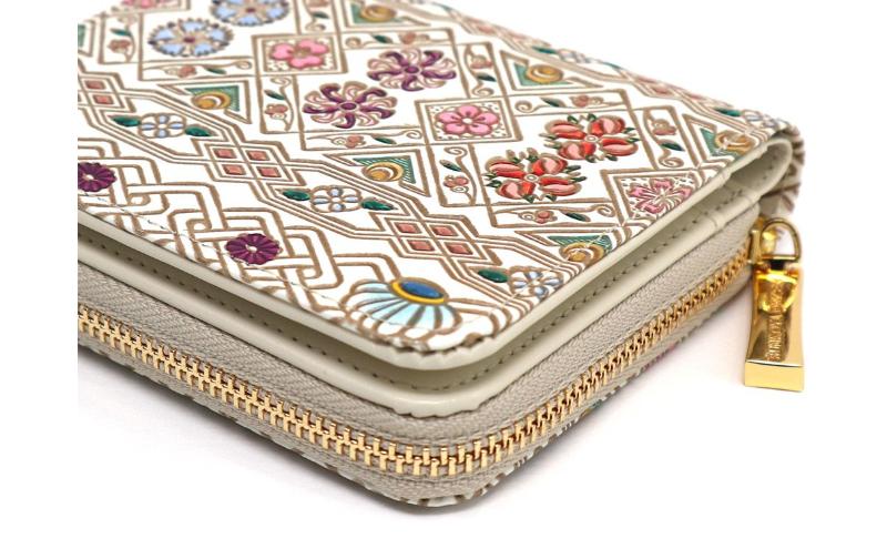 【文庫屋大関】二つ折りファスナーミニ財布 花菱【皮革工芸品】財布 二つ折り 小物 お札 カード 小銭 コンパクト 牛革 手作り 日本製 墨田区 東京都