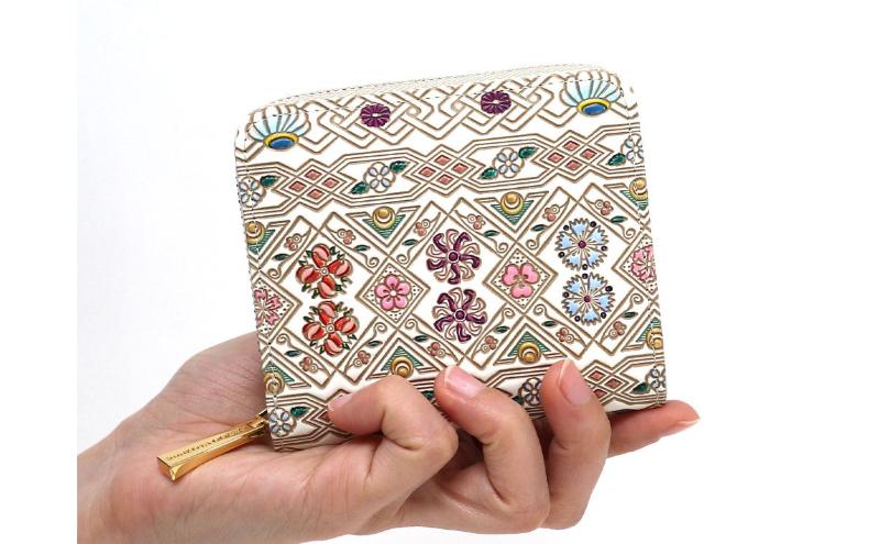 【文庫屋大関】二つ折りファスナーミニ財布 花菱【皮革工芸品】財布 二つ折り 小物 お札 カード 小銭 コンパクト 牛革 手作り 日本製 墨田区 東京都