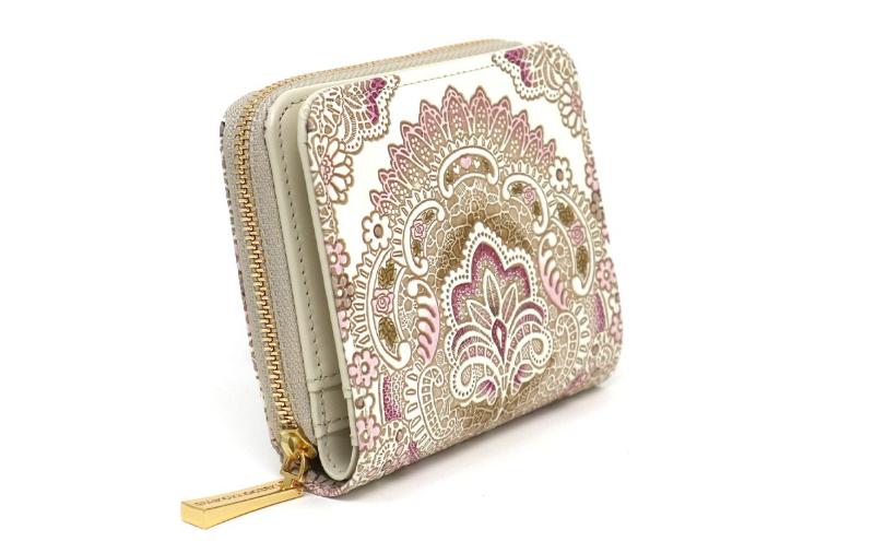 【文庫屋大関】二つ折りファスナーミニ財布 アンティークレース＜ピオニー＞【皮革工芸品】財布 二つ折り 小物 お札 カード 小銭 コンパクト 牛革 手作り 日本製 墨田区 東京都