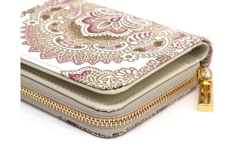 【文庫屋大関】二つ折りファスナーミニ財布 アンティークレース＜ピオニー＞【皮革工芸品】財布 二つ折り 小物 お札 カード 小銭 コンパクト 牛革 手作り 日本製 墨田区 東京都