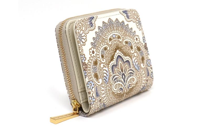 【文庫屋大関】二つ折りファスナーミニ財布 アンティークレース＜ビオラ＞【皮革工芸品】財布 二つ折り 小物 お札 カード 小銭 コンパクト 牛革 手作り 日本製 墨田区 東京都