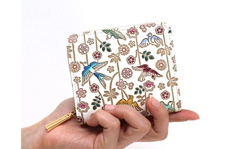 【文庫屋大関】二つ折りファスナーミニ財布 枝垂れ花鳥【皮革工芸品】財布 二つ折り 小物 お札 カード 小銭 コンパクト 牛革 手作り 日本製 墨田区 東京都