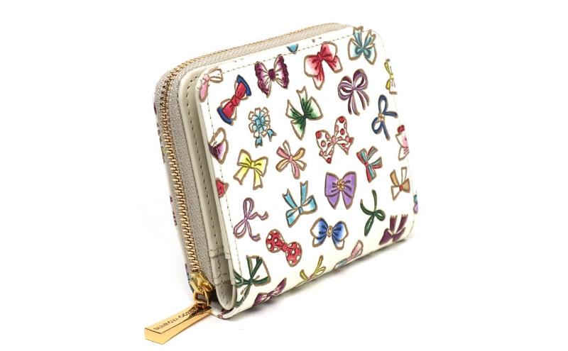 【文庫屋大関】二つ折りファスナーミニ財布 プチリボン【皮革工芸品】財布 二つ折り 小物 お札 カード 小銭 コンパクト 牛革 手作り 日本製 墨田区 東京都