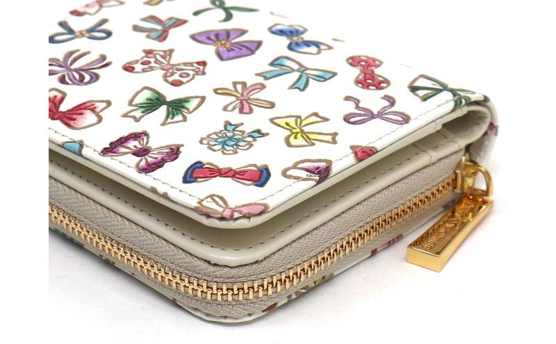 【文庫屋大関】二つ折りファスナーミニ財布 プチリボン【皮革工芸品】財布 二つ折り 小物 お札 カード 小銭 コンパクト 牛革 手作り 日本製 墨田区 東京都