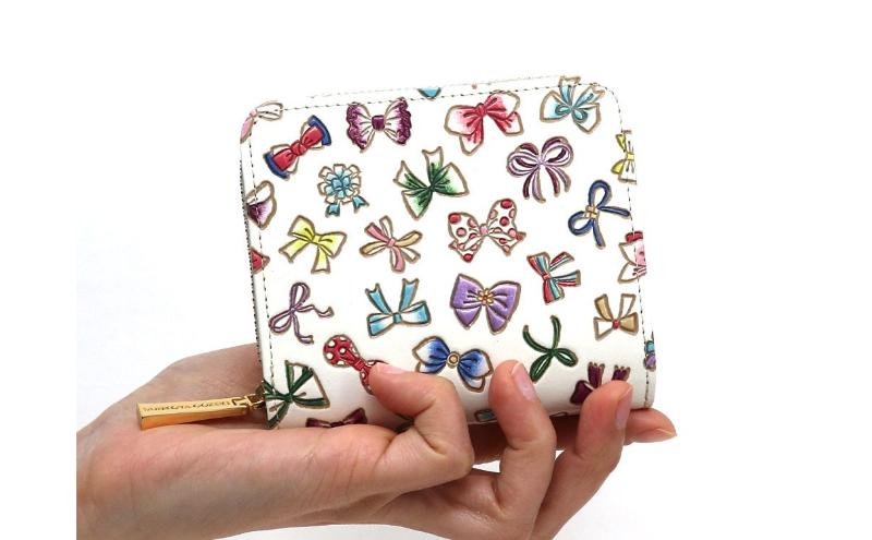 【文庫屋大関】二つ折りファスナーミニ財布 プチリボン【皮革工芸品】財布 二つ折り 小物 お札 カード 小銭 コンパクト 牛革 手作り 日本製 墨田区 東京都