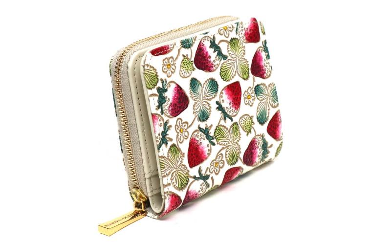 【文庫屋大関】二つ折りファスナーミニ財布 いちご【皮革工芸品】財布 二つ折り 小物 お札 カード 小銭 コンパクト 牛革 手作り 日本製 墨田区 東京都