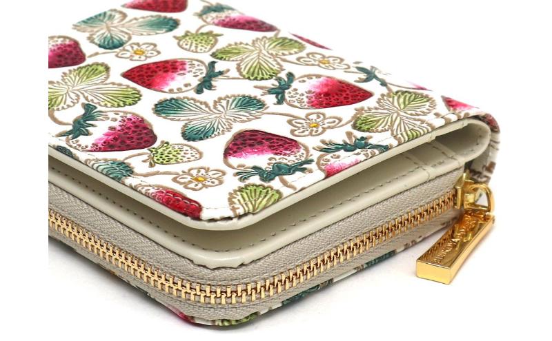 【文庫屋大関】二つ折りファスナーミニ財布 いちご【皮革工芸品】財布 二つ折り 小物 お札 カード 小銭 コンパクト 牛革 手作り 日本製 墨田区 東京都