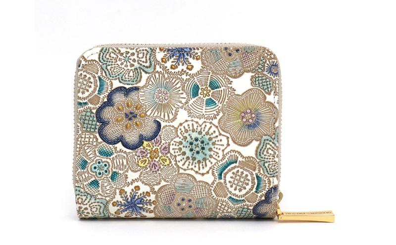 【文庫屋大関】二つ折りファスナーミニ財布 春らんまん＜瑠璃＞【皮革工芸品】財布 二つ折り 小物 お札 カード 小銭 コンパクト 牛革 手作り 日本製 墨田区 東京都