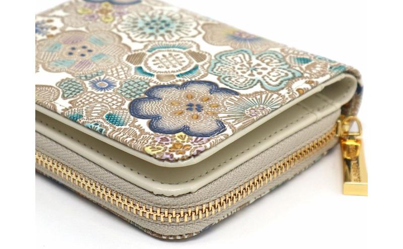 【文庫屋大関】二つ折りファスナーミニ財布 春らんまん＜瑠璃＞【皮革工芸品】財布 二つ折り 小物 お札 カード 小銭 コンパクト 牛革 手作り 日本製 墨田区 東京都