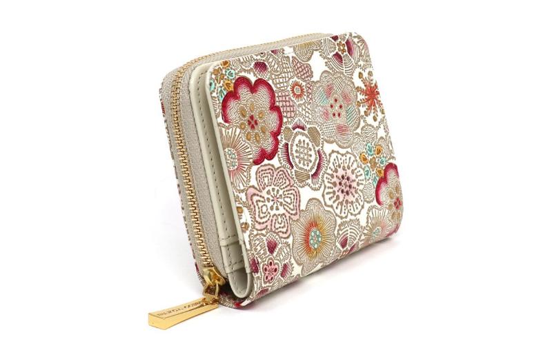 【文庫屋大関】二つ折りファスナーミニ財布 春らんまん＜茜＞【皮革工芸品】財布 二つ折り 小物 お札 カード 小銭 コンパクト 牛革 手作り 日本製 墨田区 東京都