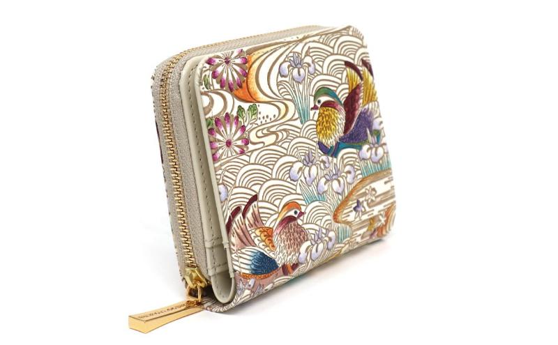 【文庫屋大関】二つ折りファスナーミニ財布 おしどり＜橙色＞【皮革工芸品】財布 二つ折り 小物 お札 カード 小銭 コンパクト 牛革 手作り 日本製 墨田区 東京都