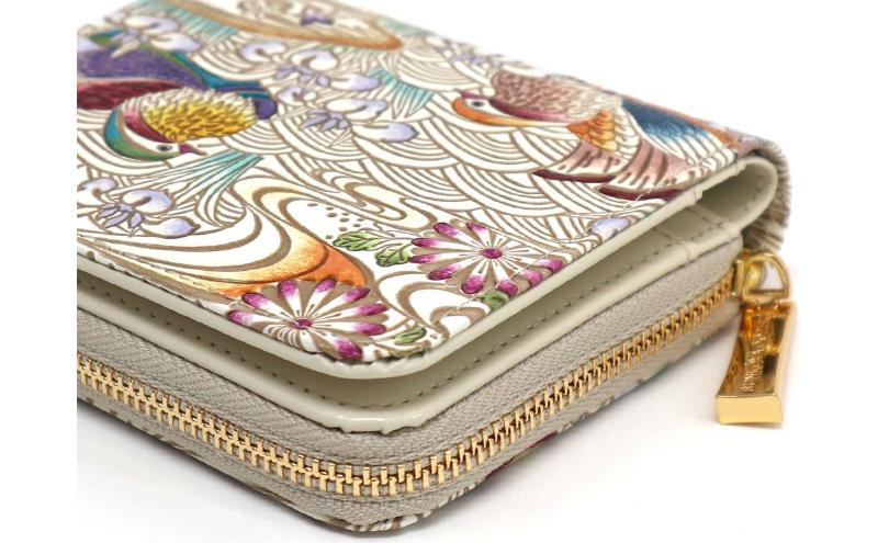 【文庫屋大関】二つ折りファスナーミニ財布 おしどり＜橙色＞【皮革工芸品】財布 二つ折り 小物 お札 カード 小銭 コンパクト 牛革 手作り 日本製 墨田区 東京都