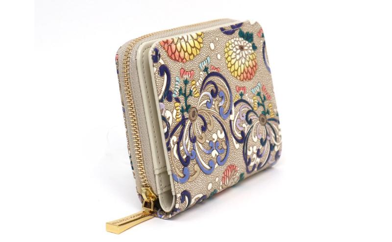 【文庫屋大関】二つ折りファスナーミニ財布 乱菊＜青紫＞【皮革工芸品】財布 二つ折り 小物 お札 カード 小銭 コンパクト 牛革 手作り 日本製 墨田区 東京都