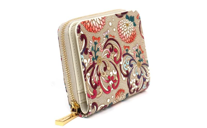 【文庫屋大関】二つ折りファスナーミニ財布 乱菊＜赤紫＞【皮革工芸品】財布 二つ折り 小物 お札 カード 小銭 コンパクト 牛革 手作り 日本製 墨田区 東京都