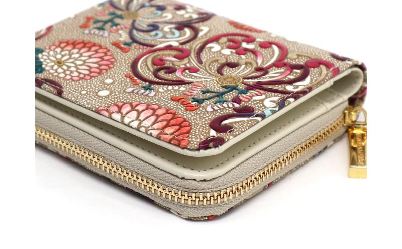 【文庫屋大関】二つ折りファスナーミニ財布 乱菊＜赤紫＞【皮革工芸品】財布 二つ折り 小物 お札 カード 小銭 コンパクト 牛革 手作り 日本製 墨田区 東京都