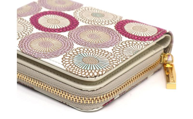 【文庫屋大関】二つ折りファスナーミニ財布 笠菊＜桃花＞【皮革工芸品】財布 二つ折り 小物 お札 カード 小銭 コンパクト 牛革 手作り 日本製 墨田区 東京都