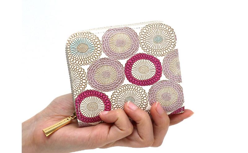 【文庫屋大関】二つ折りファスナーミニ財布 笠菊＜桃花＞【皮革工芸品】財布 二つ折り 小物 お札 カード 小銭 コンパクト 牛革 手作り 日本製 墨田区 東京都