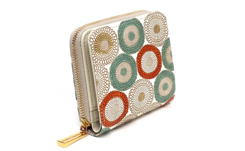 【文庫屋大関】二つ折りファスナーミニ財布 笠菊＜若草＞【皮革工芸品】財布 二つ折り 小物 お札 カード 小銭 コンパクト 牛革 手作り 日本製 墨田区 東京都