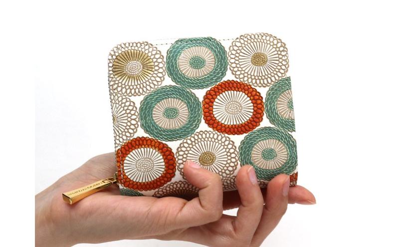 【文庫屋大関】二つ折りファスナーミニ財布 笠菊＜若草＞【皮革工芸品】財布 二つ折り 小物 お札 カード 小銭 コンパクト 牛革 手作り 日本製 墨田区 東京都