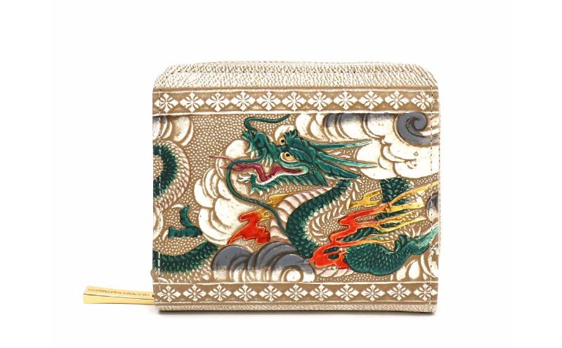 【東京都墨田区】【文庫屋大関】二つ折りファスナーミニ財布 龍<緑>【皮革工芸品】財布 二つ折り 小物 お札 カード 小銭 コンパクト 牛革 手作り 日本製 墨田区 東京都