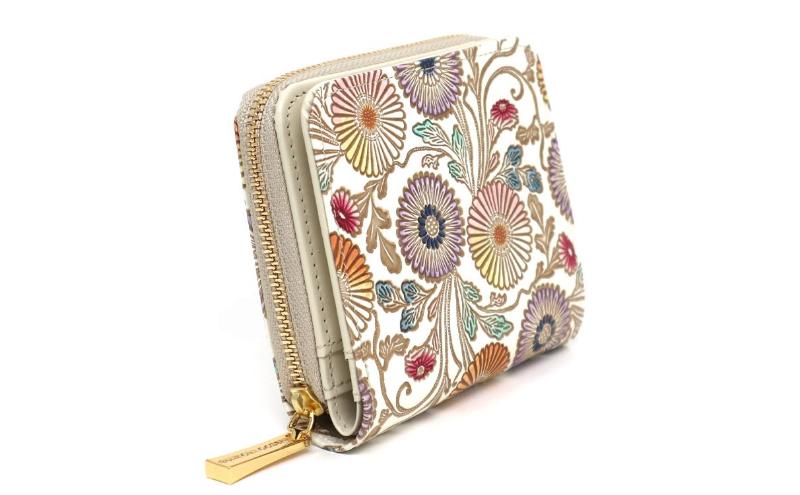 【文庫屋大関】二つ折りファスナーミニ財布 更紗菊【皮革工芸品】財布 二つ折り 小物 お札 カード 小銭 コンパクト 牛革 手作り 日本製 墨田区 東京都