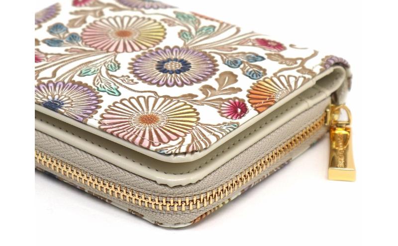 【文庫屋大関】二つ折りファスナーミニ財布 更紗菊【皮革工芸品】財布 二つ折り 小物 お札 カード 小銭 コンパクト 牛革 手作り 日本製 墨田区 東京都