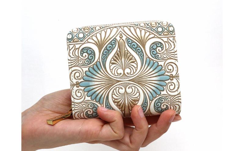 【文庫屋大関】二つ折りファスナーミニ財布 ロカイユ＜ブルーグレー＞【皮革工芸品】財布 二つ折り 小物 お札 カード 小銭 コンパクト 牛革 手作り 日本製 墨田区 東京都
