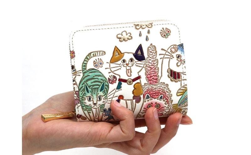 【文庫屋大関】二つ折りファスナーミニ財布 ネコ集合【皮革工芸品】財布 二つ折り 小物 お札 カード 小銭 コンパクト 牛革 手作り 日本製 墨田区 東京都