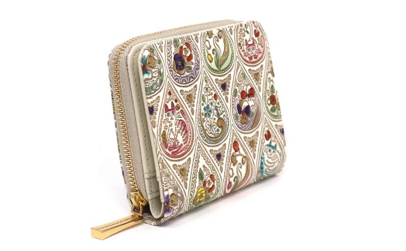 【文庫屋大関】二つ折りファスナーミニ財布 花と猫＜ミックス＞【皮革工芸品】財布 二つ折り 小物 お札 カード 小銭 コンパクト 牛革 手作り 日本製 墨田区 東京都