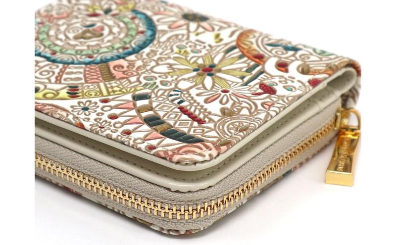 【文庫屋大関】二つ折りファスナーミニ財布 かくれんぼ猫【皮革工芸品】財布 二つ折り 小物 お札 カード 小銭 コンパクト 牛革 手作り 日本製 墨田区 東京都