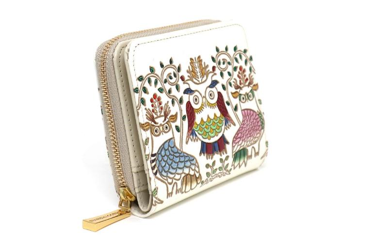 【文庫屋大関】二つ折りファスナーミニ財布 ふくろう【皮革工芸品】財布 二つ折り 小物 お札 カード 小銭 コンパクト 牛革 手作り 日本製 墨田区 東京都