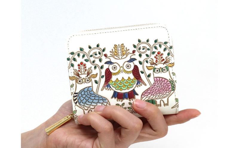 【文庫屋大関】二つ折りファスナーミニ財布 ふくろう【皮革工芸品】財布 二つ折り 小物 お札 カード 小銭 コンパクト 牛革 手作り 日本製 墨田区 東京都