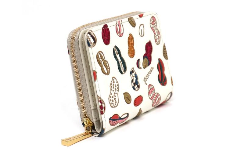 【文庫屋大関】二つ折りファスナーミニ財布 ピーナッツ【皮革工芸品】財布 二つ折り 小物 お札 カード 小銭 コンパクト 牛革 手作り 日本製 墨田区 東京都