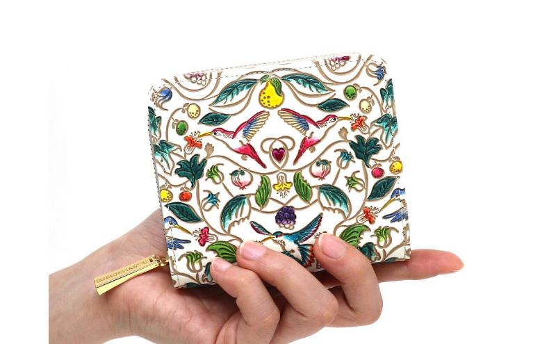 【文庫屋大関】二つ折りファスナーミニ財布 ハチドリの憂鬱【皮革工芸品】財布 二つ折り 小物 お札 カード 小銭 コンパクト 牛革 手作り 日本製 墨田区 東京都