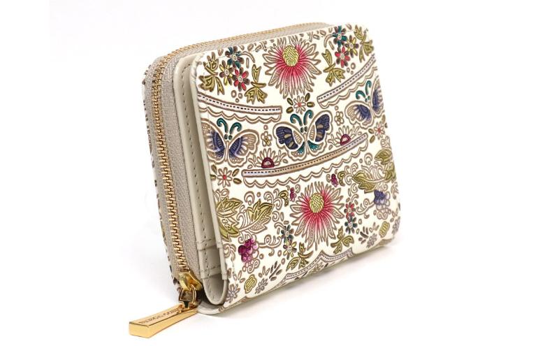 【文庫屋大関】二つ折りファスナーミニ財布 茉莉花＜珊瑚＞【皮革工芸品】財布 二つ折り 小物 お札 カード 小銭 コンパクト 牛革 手作り 日本製 墨田区 東京都