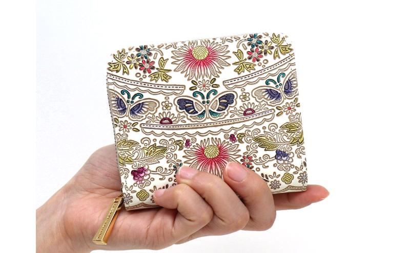 【文庫屋大関】二つ折りファスナーミニ財布 茉莉花＜珊瑚＞【皮革工芸品】財布 二つ折り 小物 お札 カード 小銭 コンパクト 牛革 手作り 日本製 墨田区 東京都