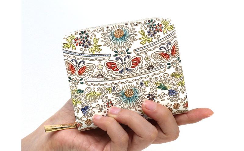 【文庫屋大関】二つ折りファスナーミニ財布 茉莉花＜翡翠＞【皮革工芸品】財布 二つ折り 小物 お札 カード 小銭 コンパクト 牛革 手作り 日本製 墨田区 東京都