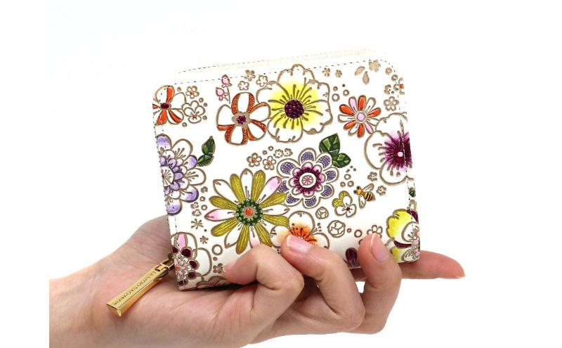 【文庫屋大関】二つ折りファスナーミニ財布 みつばち【皮革工芸品】財布 二つ折り 小物 お札 カード 小銭 コンパクト 牛革 手作り 日本製 墨田区 東京都