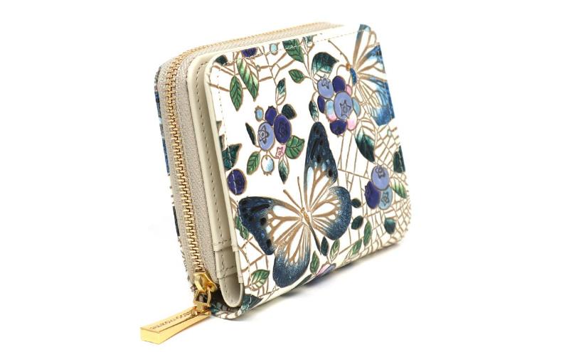 【文庫屋大関】二つ折りファスナーミニ財布 ブルーベリーは願う＜ネイビー＞【皮革工芸品】財布 二つ折り 小物 お札 カード 小銭 コンパクト 牛革 手作り 日本製 墨田区 東京都