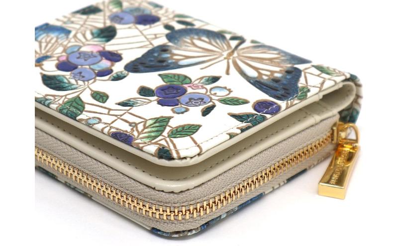 【文庫屋大関】二つ折りファスナーミニ財布 ブルーベリーは願う＜ネイビー＞【皮革工芸品】財布 二つ折り 小物 お札 カード 小銭 コンパクト 牛革 手作り 日本製 墨田区 東京都