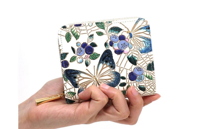 【文庫屋大関】二つ折りファスナーミニ財布 ブルーベリーは願う＜ネイビー＞【皮革工芸品】財布 二つ折り 小物 お札 カード 小銭 コンパクト 牛革 手作り 日本製 墨田区 東京都