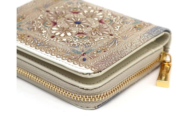 【文庫屋大関】二つ折りファスナーミニ財布 夢幻のタピ【皮革工芸品】財布 二つ折り 小物 お札 カード 小銭 コンパクト 牛革 手作り 日本製 墨田区 東京都