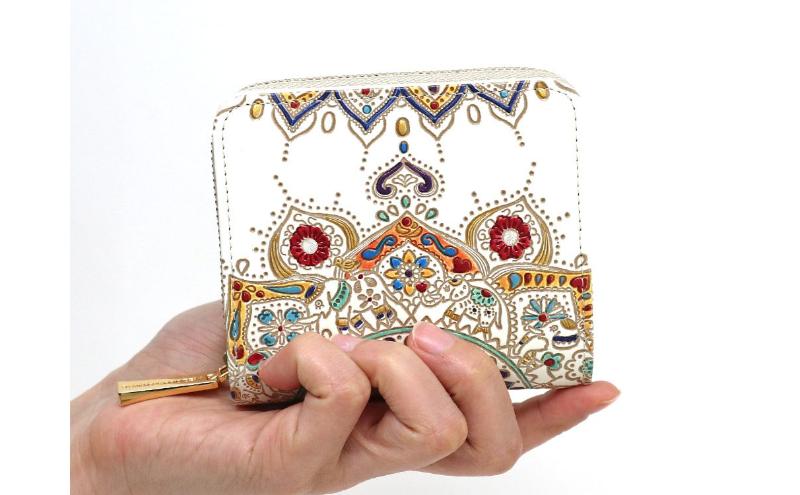 【文庫屋大関】二つ折りファスナーミニ財布 象のカーニバル【皮革工芸品】財布 二つ折り 小物 お札 カード 小銭 コンパクト 牛革 手作り 日本製 墨田区 東京都