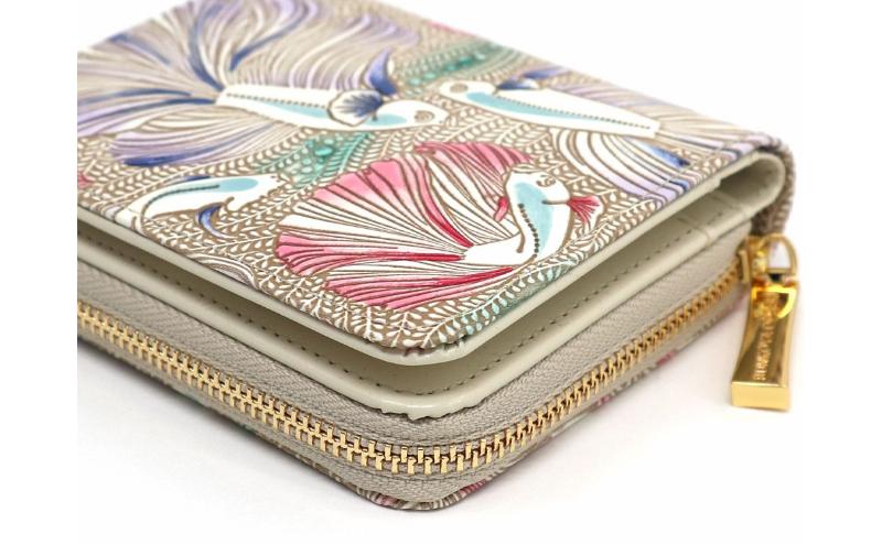 【文庫屋大関】二つ折りファスナーミニ財布 ラビリンスフィッシュ＜パープル＞【皮革工芸品】財布 二つ折り 小物 お札 カード 小銭 コンパクト 牛革 手作り 日本製 墨田区 東京都